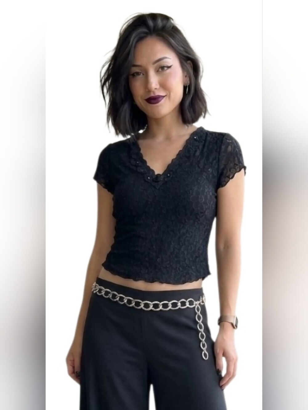 Vintage Y2K Black Sheer Lace Whimsigoth Cap Sleeve Cropped Floral Top Size M